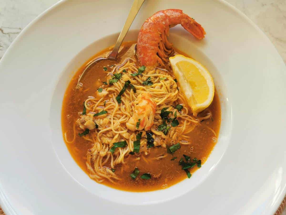 Italian fish soup with angel hair pasta. recipe from Liguria.